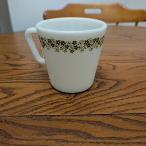 Pyrex Vintage Crazy Daisy White Milk Glass Mug with Floral Design. Green White